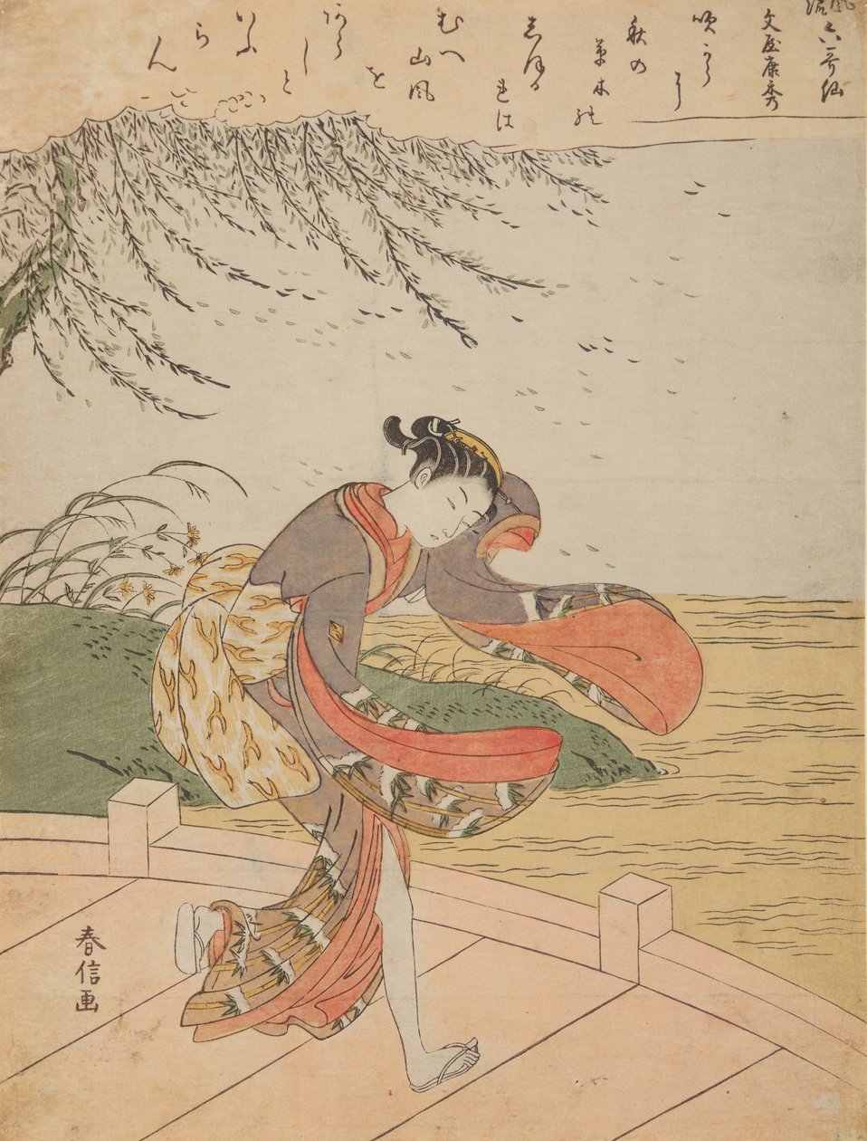 Muchacha en un puente durante el viento, de la serie: Furyu rokkasen - Los seis poetas inmortales elegantes de Suzuki Harunobu