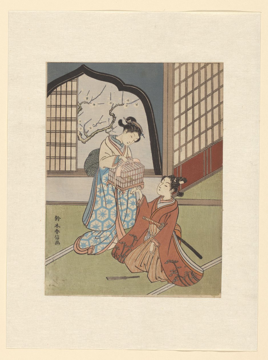 Un par con jaula de pájaros de Suzuki Harunobu