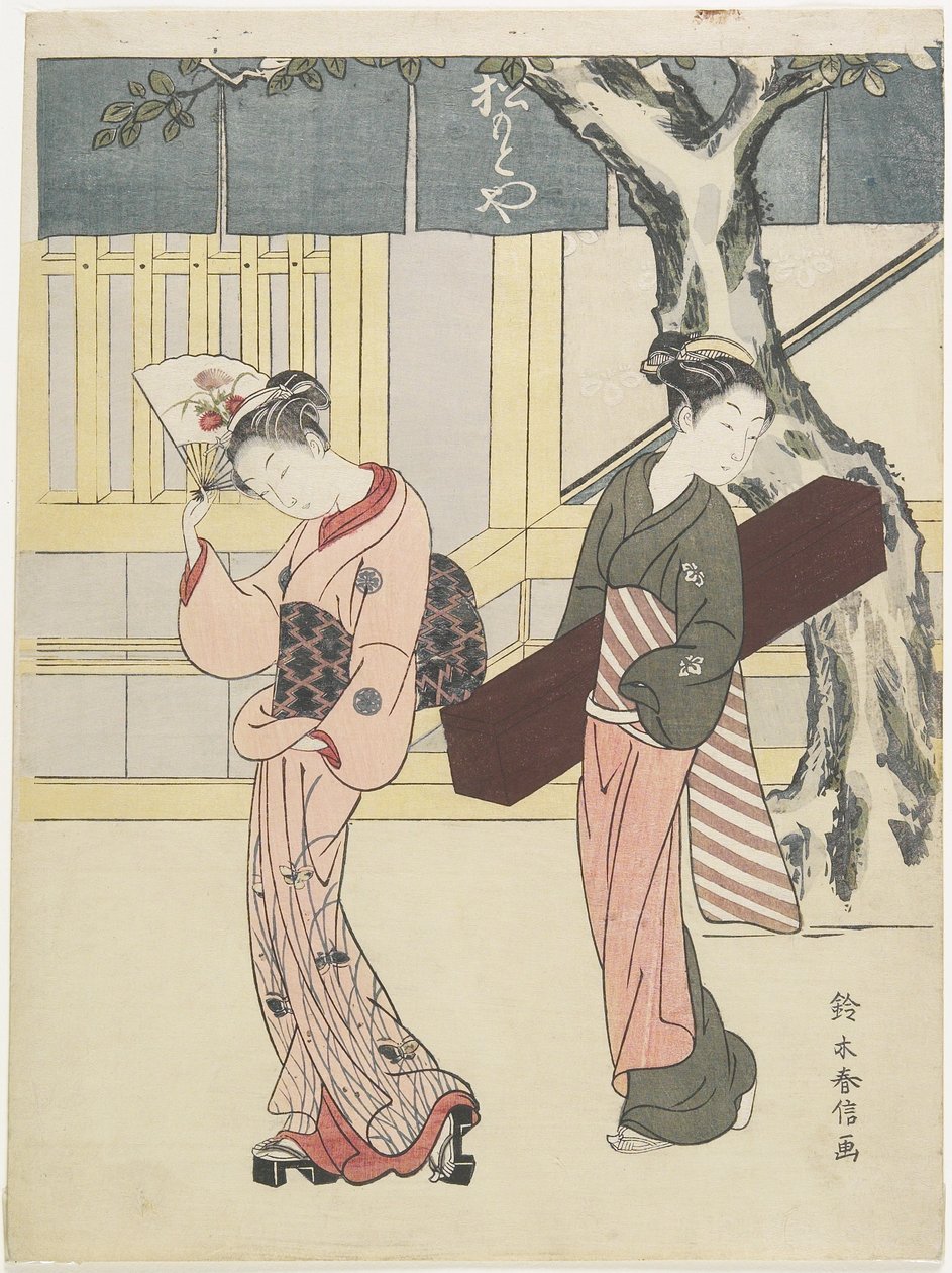 Entretenedora y su asistente frente a Matsumoto-ya, c. 1768 de Suzuki Harunobu
