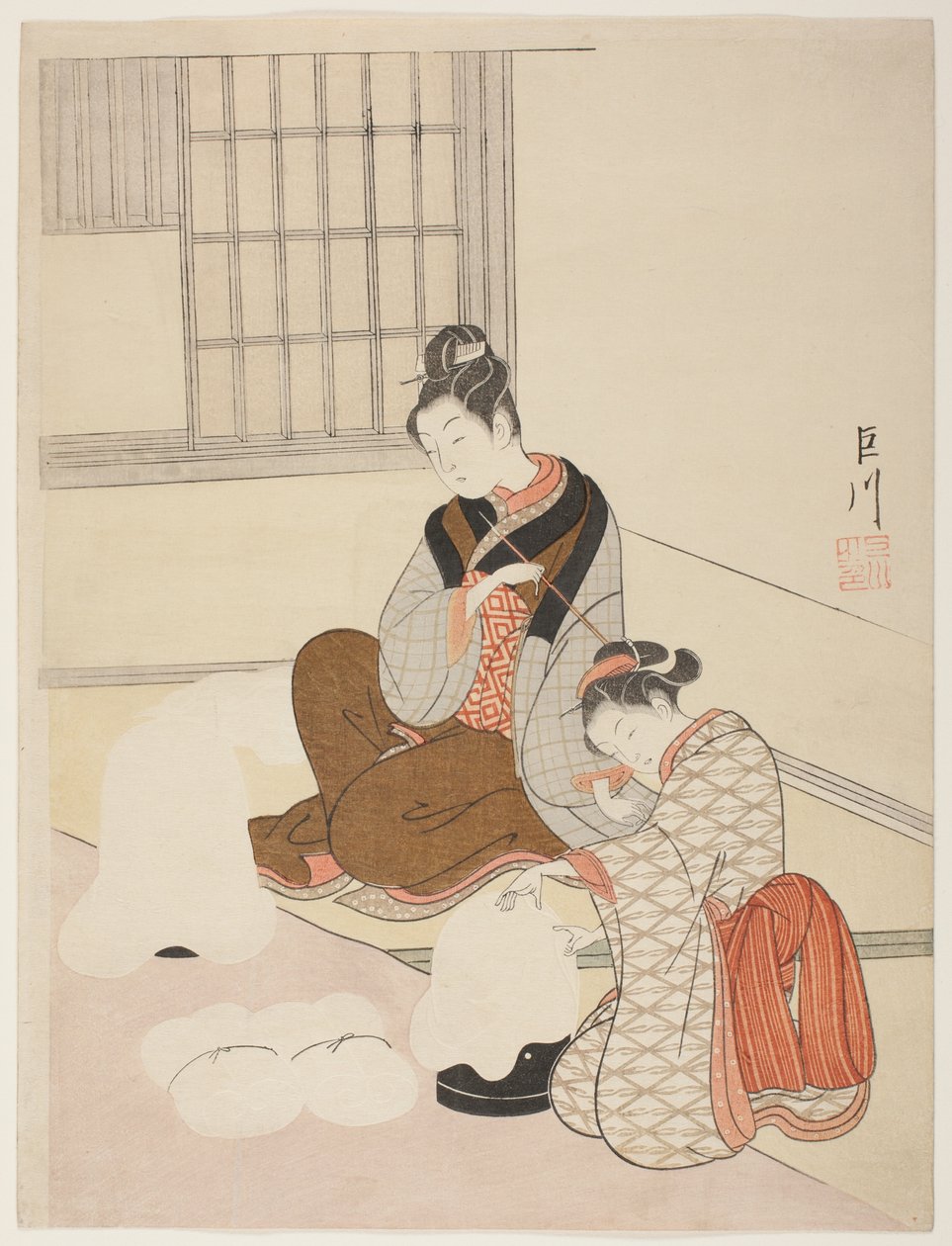 Nieve vespertina en un moldeador de hilo (Nurioke no bosetsu), de la serie "Ocho vistas del salón (Zashiki hakkei)" de Suzuki Harunobu