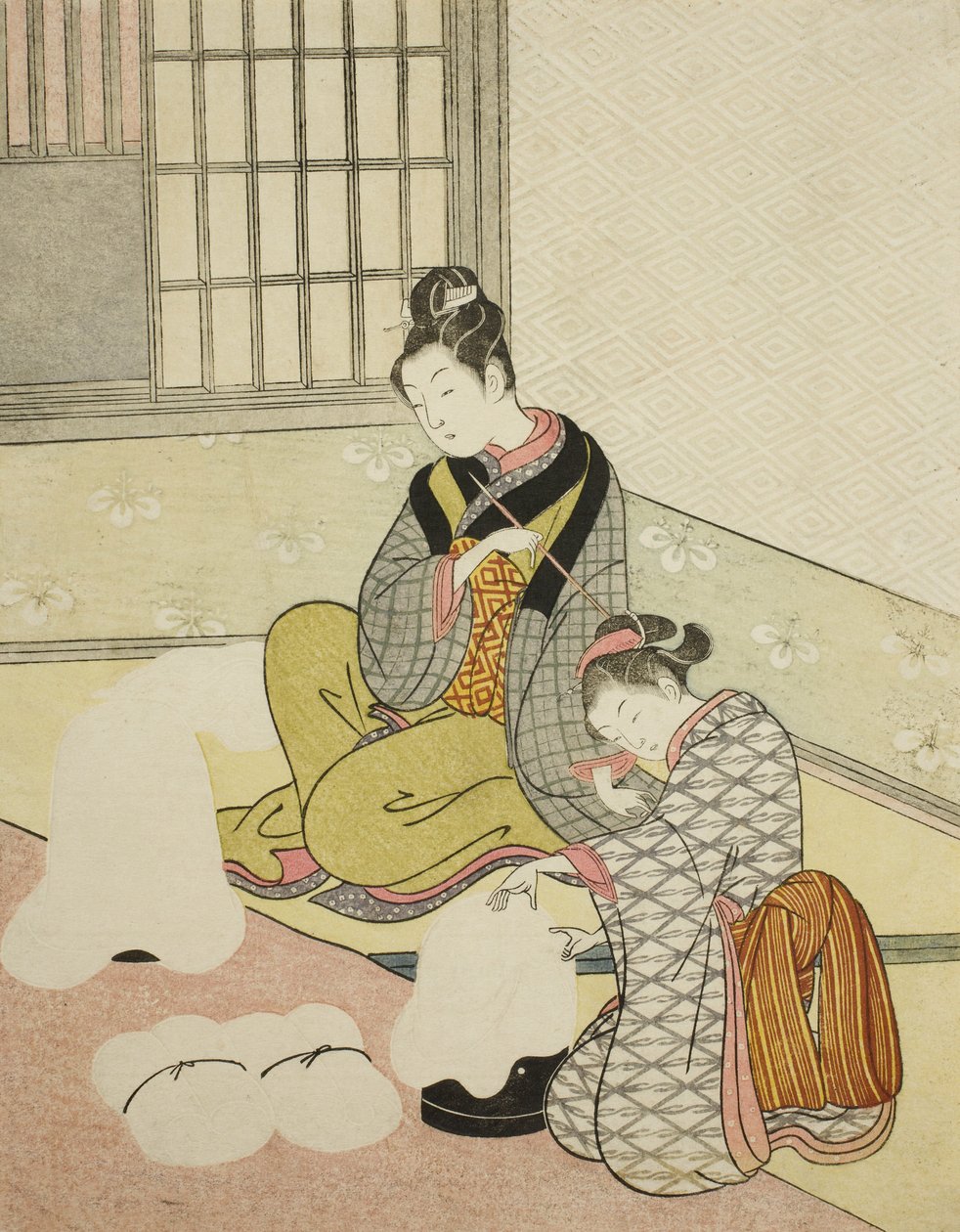 Nieve vespertina en un modelador de hilo dental de Suzuki Harunobu
