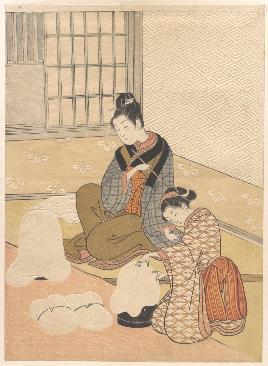 Nieve vespertina sobre el calefactor de Suzuki Harunobu