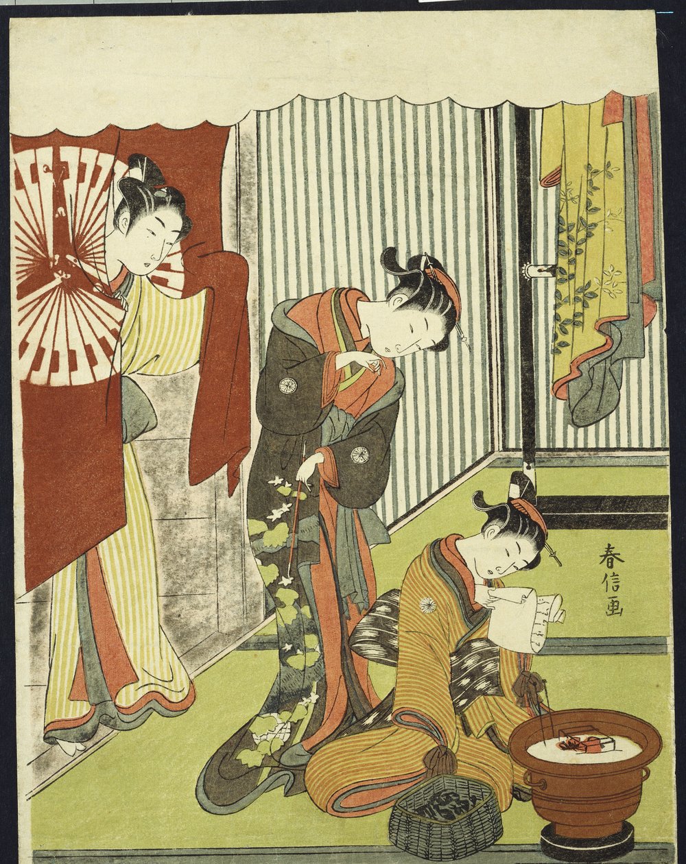 Figuras en un interior, una cortesana mirando a su shinzo que está leyendo una carta de amor de Suzuki Harunobu