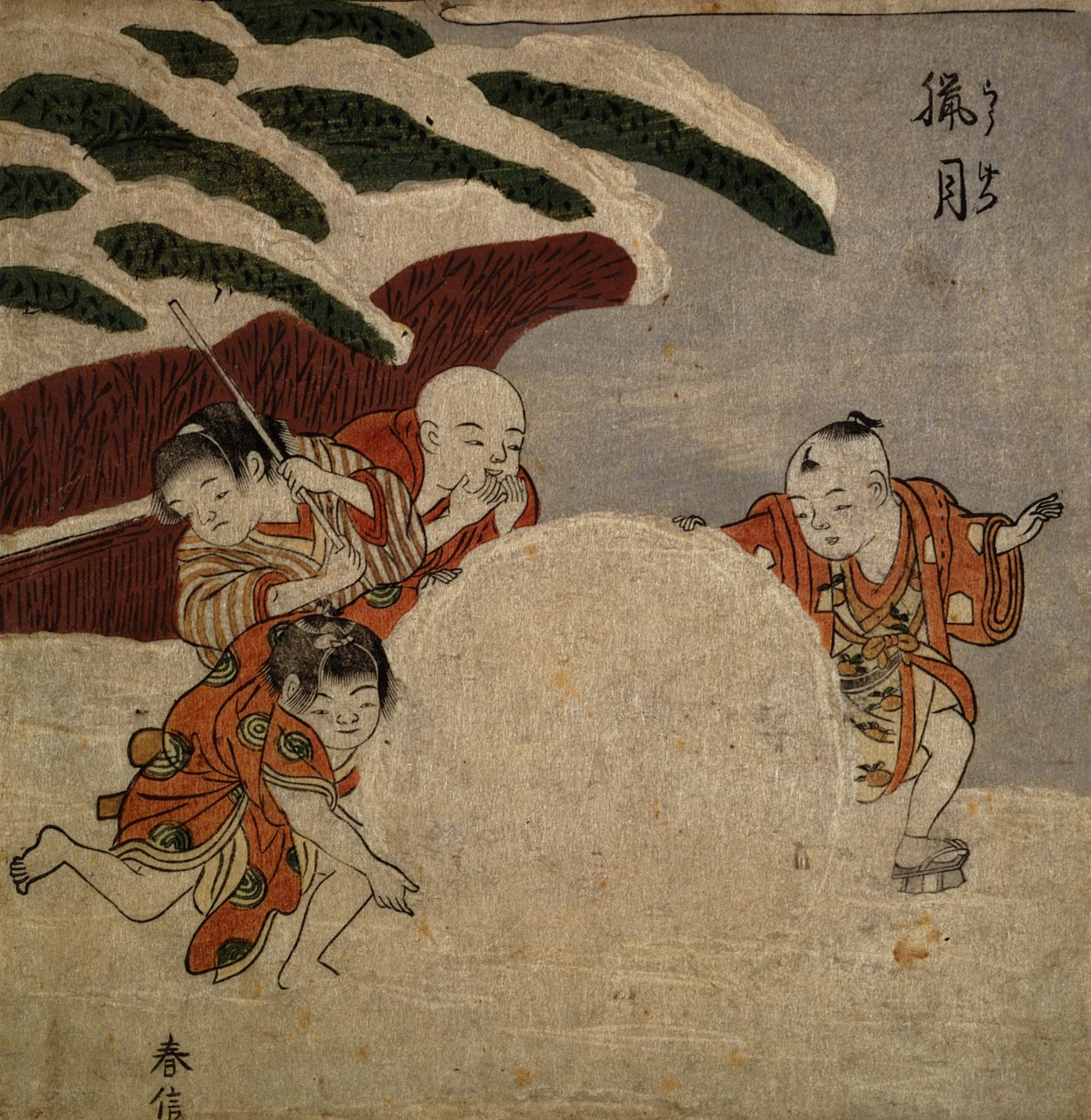 Cuatro niños haciendo una bola de nieve, c.1768 de Suzuki Harunobu