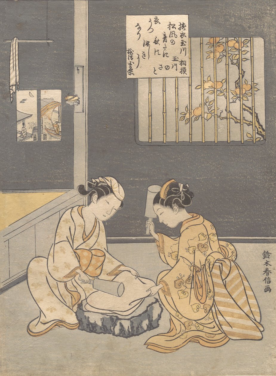 Fulling Cloth en el río de las joyas Kinuta no Tamagawa, ca. 1768 de Suzuki Harunobu