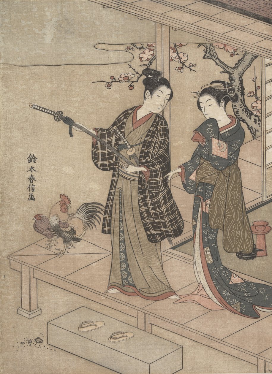 Caballero despidiéndose de su dama en una veranda de Suzuki Harunobu
