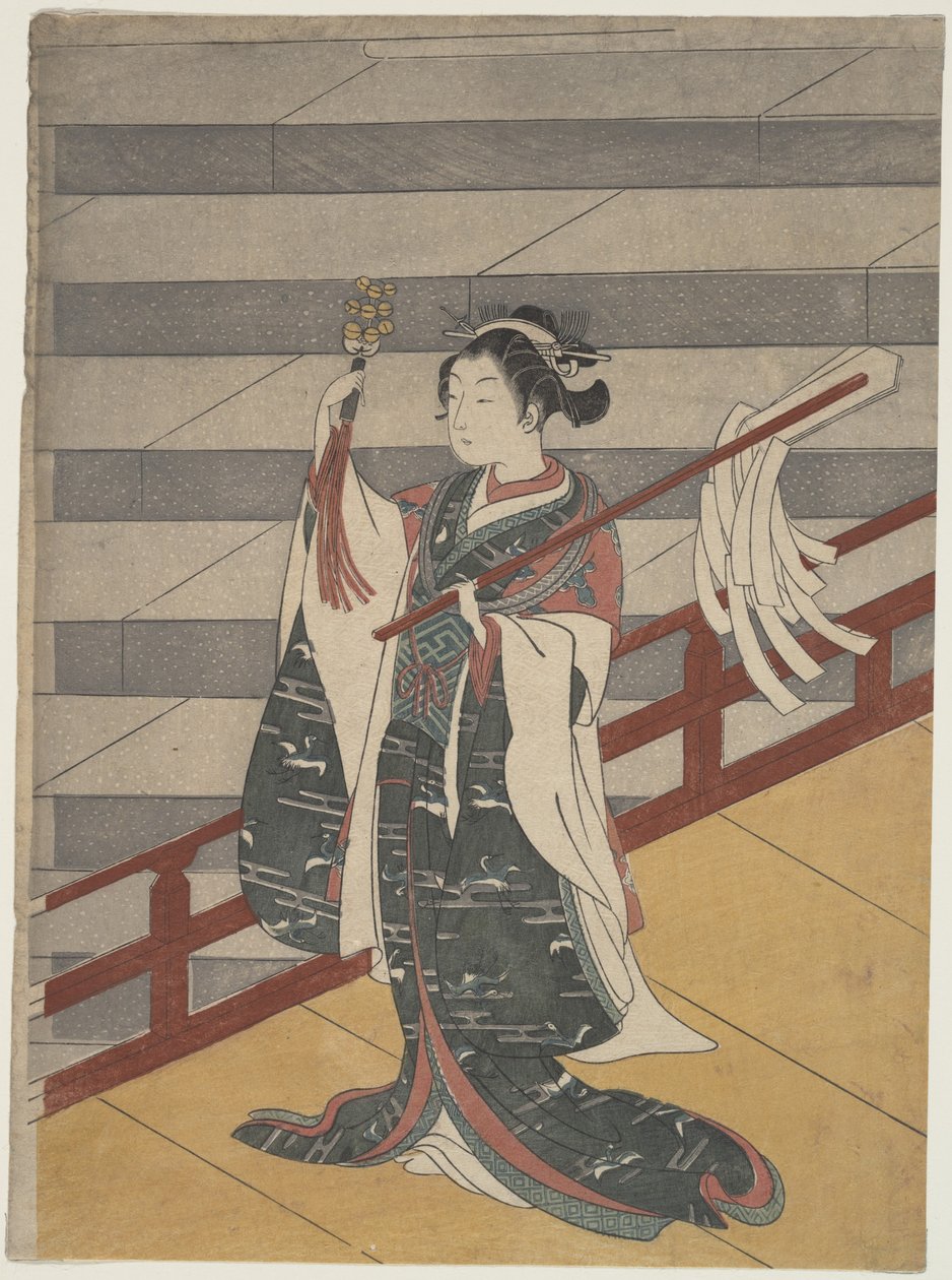 Muchacha en un balcón sobre una escalera de piedra de Suzuki Harunobu