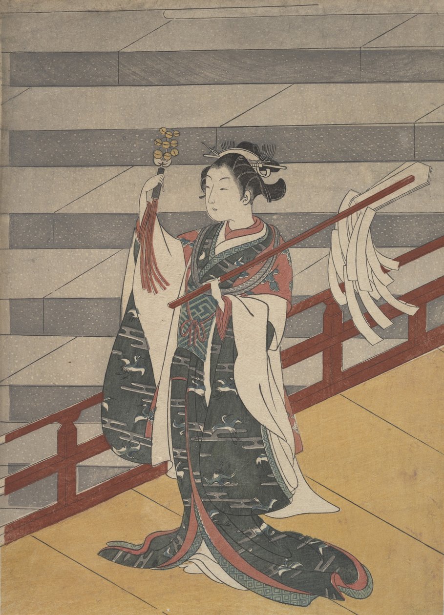 Niña en balcón sobre escalera de piedra, ca. 1768 de Suzuki Harunobu