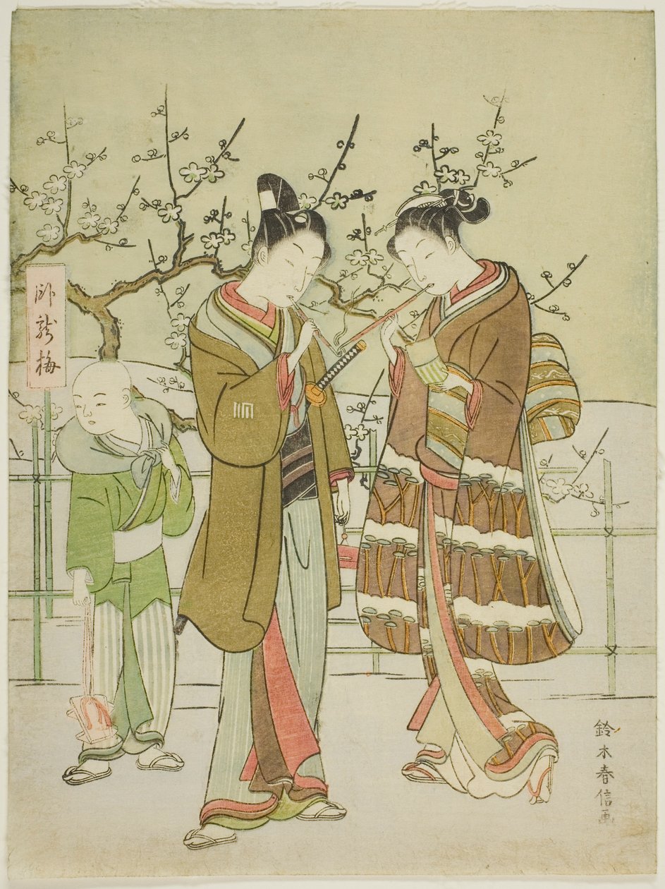 Dando una luz junto al ciruelo Garyubai de Suzuki Harunobu