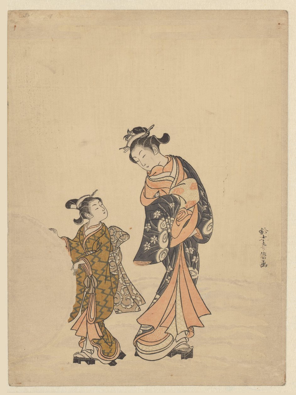 mujer joven, y, niña, en, bola de nieve de Suzuki Harunobu