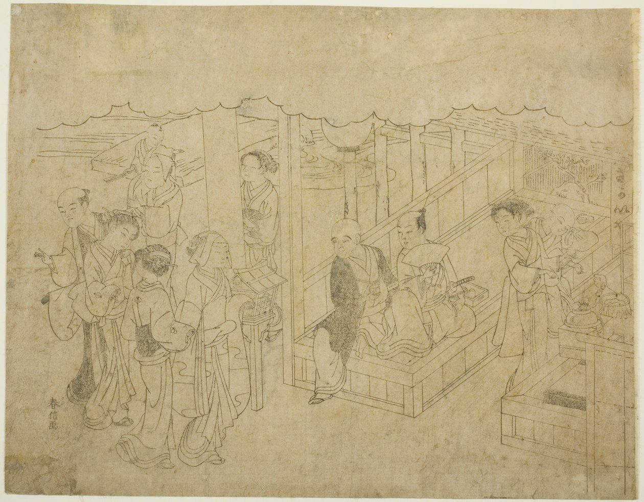 Bloque clave para La Introducción (Miai), la primera hoja de la serie "Matrimonio en impresiones de brocado, el carruaje de la mujer virtuosa (Konrei nishiki misao-guruma)" de Suzuki Harunobu