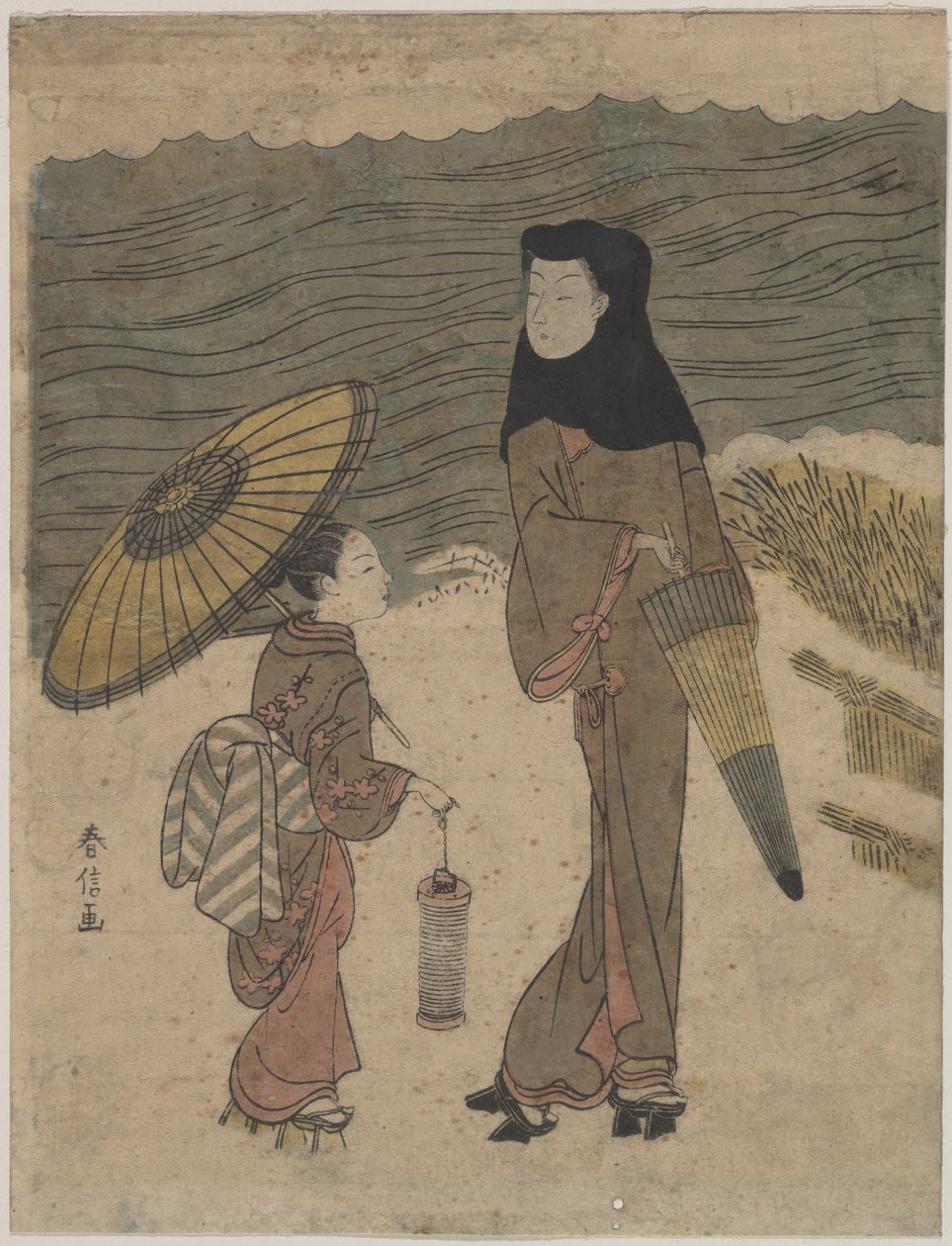 Dama con capucha negra y sombrilla paseando con un joven acompañante de Suzuki Harunobu