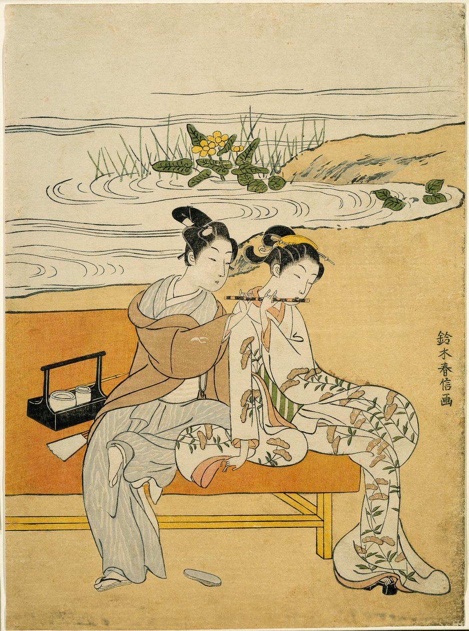 Amantes tocando la misma flauta (parodia de Xuanzong y Yang Guifei) de Suzuki Harunobu