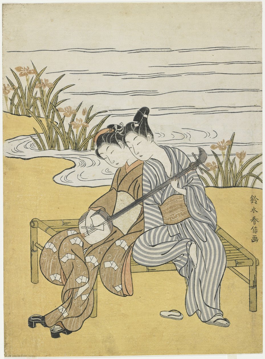 Amantes tocando el mismo shamisen como un mitate del emperador Xuanzong y Yang Guifei, c. 1767 de Suzuki Harunobu