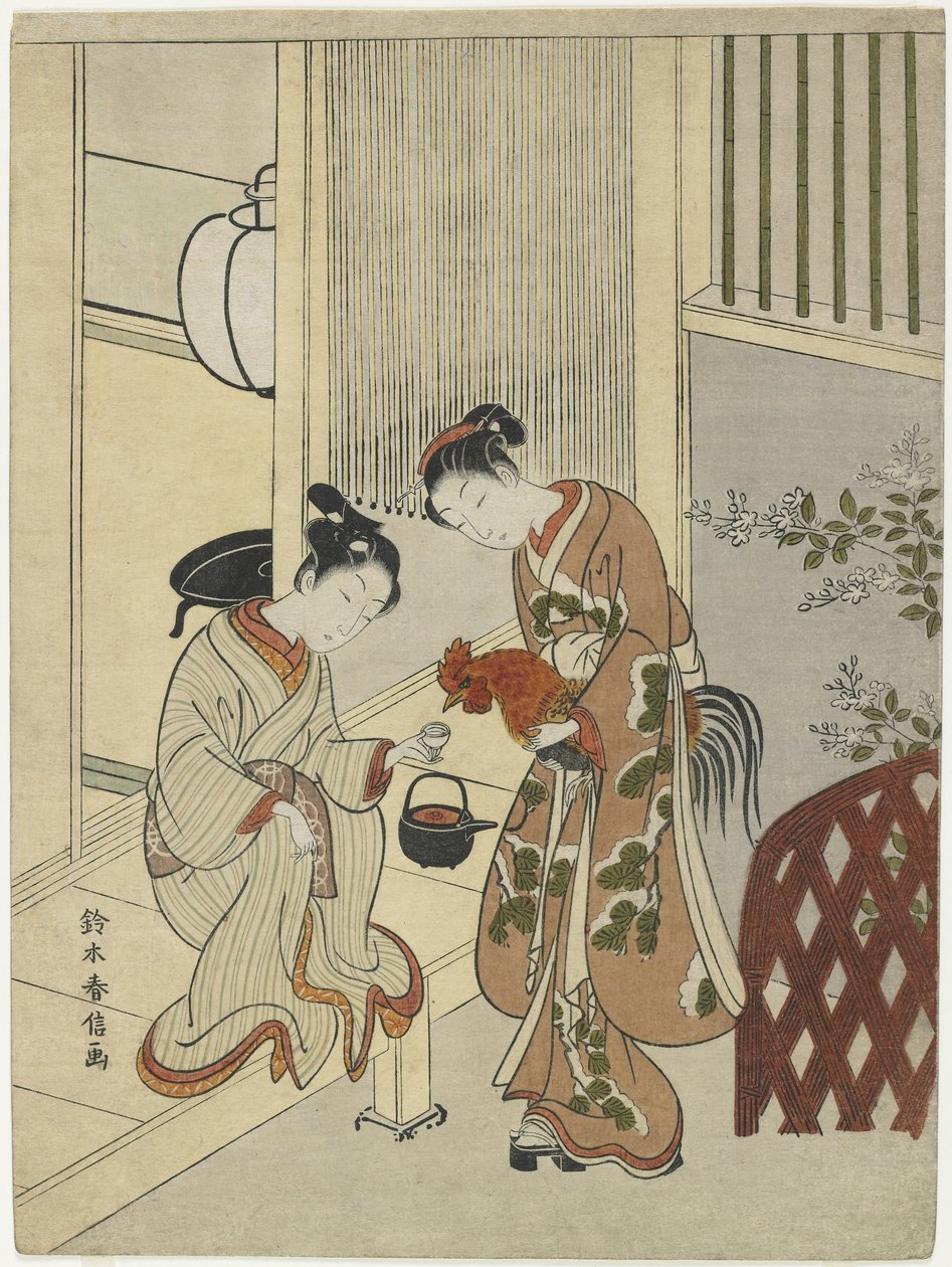Amantes Sirviendo Sake a un Gallo, c. 1767 de Suzuki Harunobu