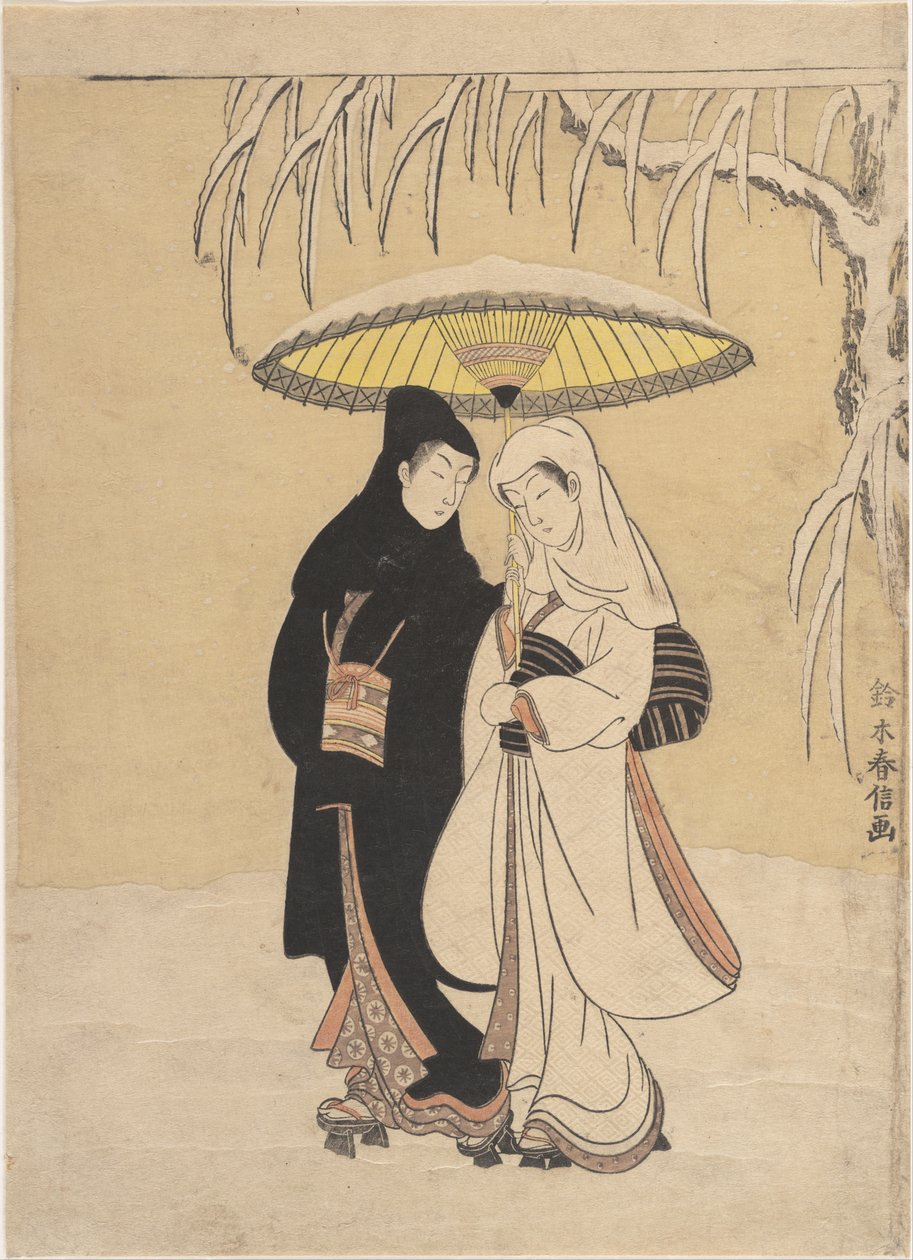 Amantes caminando en la nieve (cuervo y garza) de Suzuki Harunobu