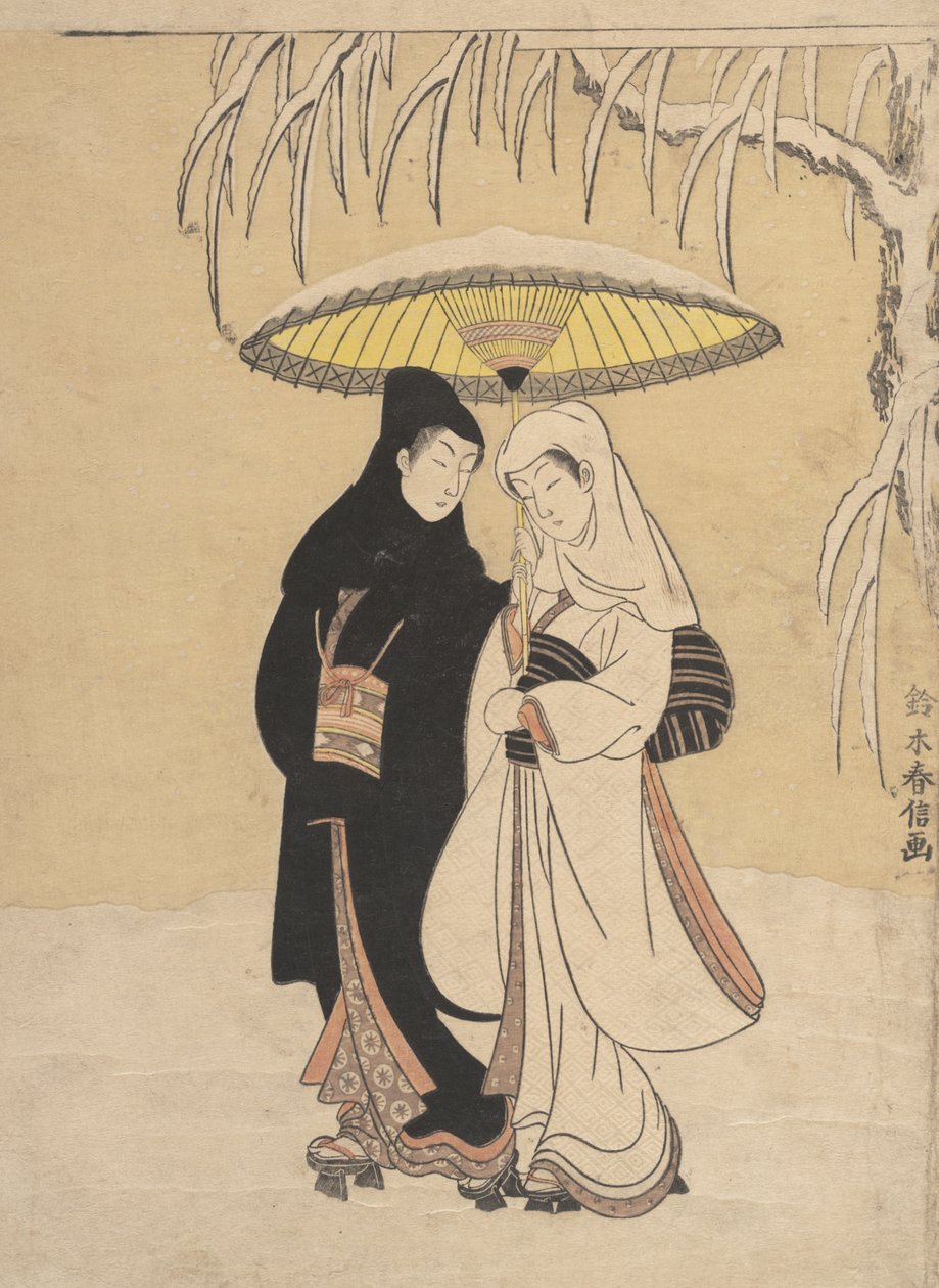 Amantes caminando en la nieve, cuervo y garza, 1764-72 de Suzuki Harunobu
