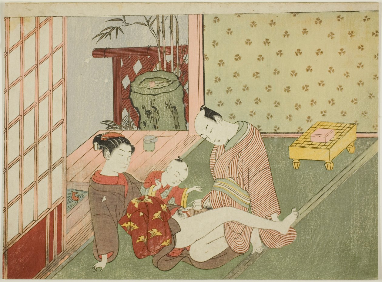 Amantes con joven asistente observando, de una serie sin título de impresiones eróticas de Suzuki Harunobu