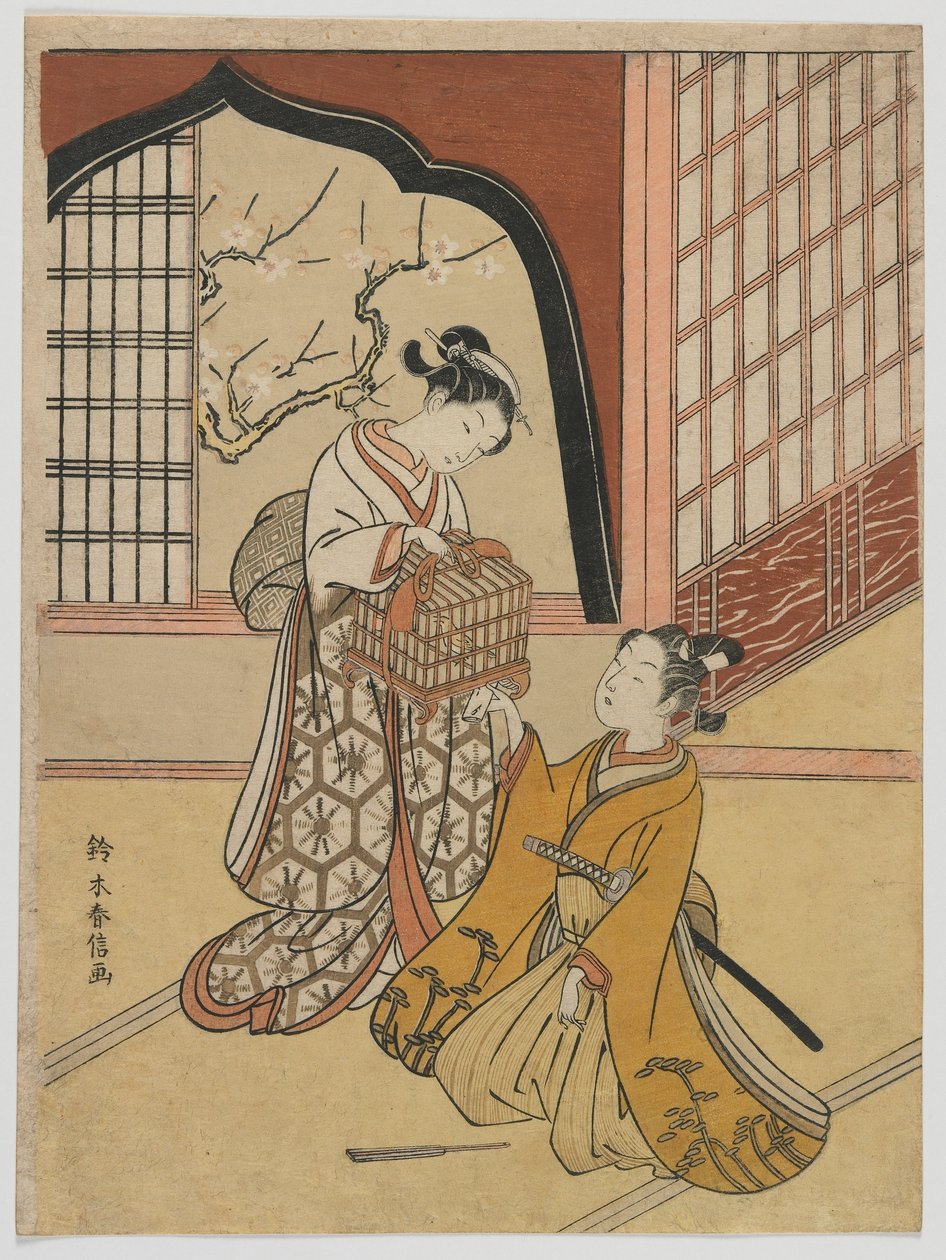 Amantes con una jaula de pájaros, período Edo, c.1766-67 de Suzuki Harunobu
