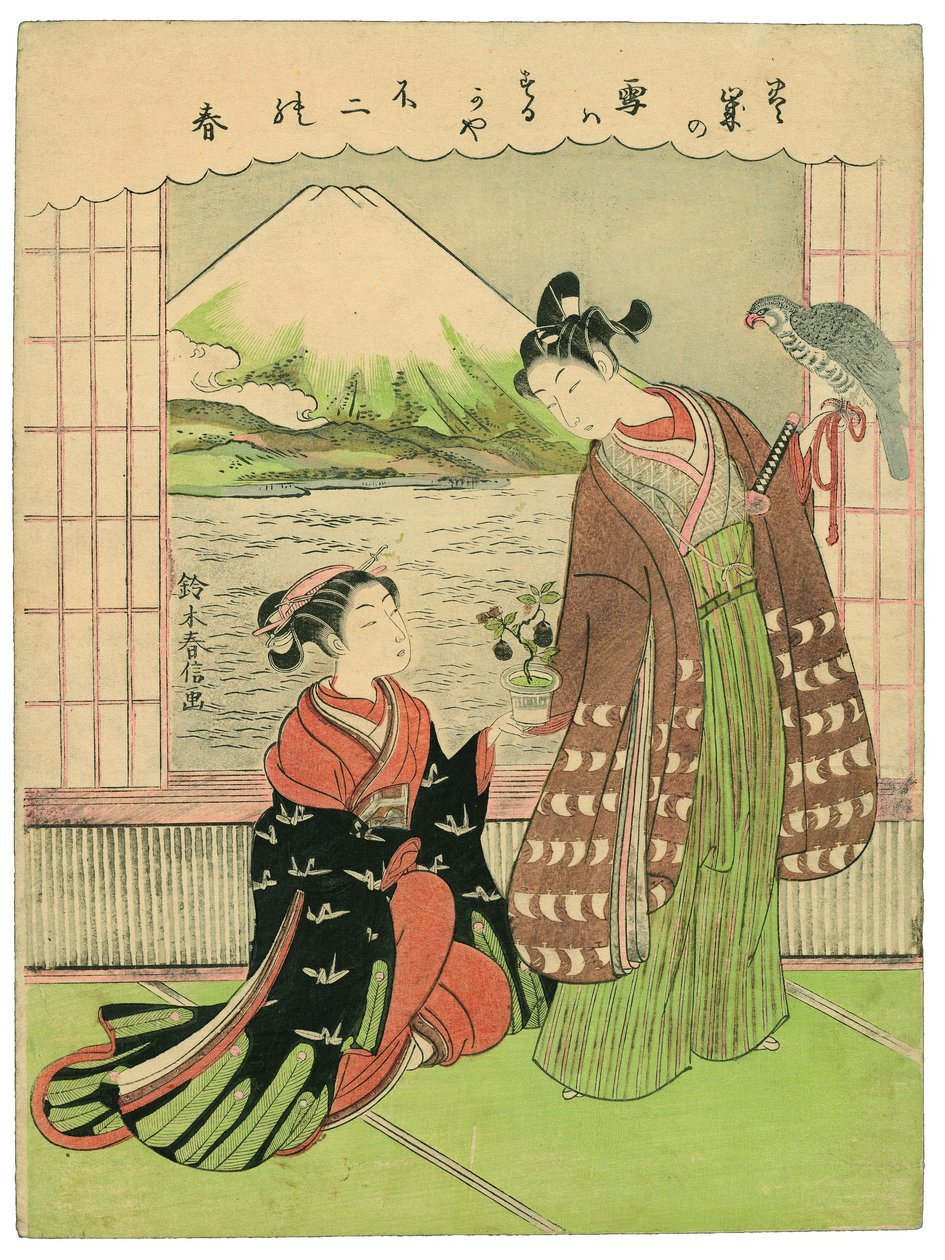 Sueño de buena suerte para el Año Nuevo: monte Fuji, halcón y berenjenas de Suzuki Harunobu