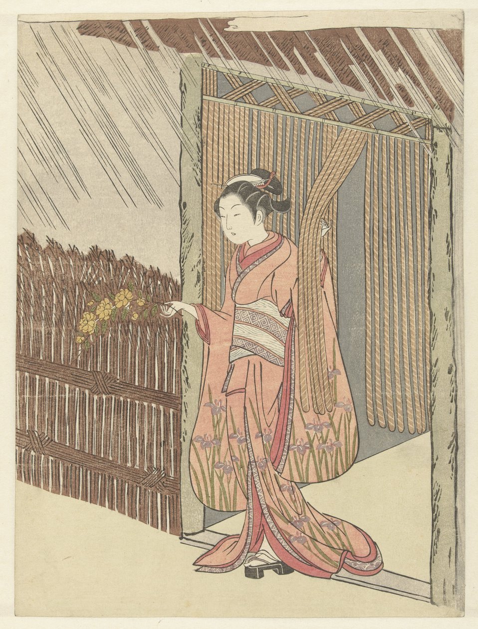 Chica con una rama de yamabuki en las manos. de Suzuki Harunobu