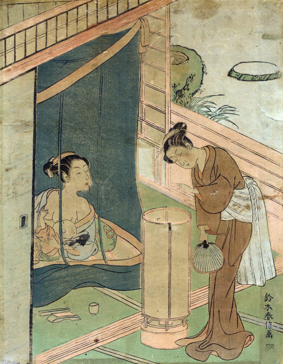 Madre e hijo detrás de una mosquitera, obra de Harunobu Suzuki, diseñador japonés de grabados en madera de estilo Ukiyo-e. de Suzuki Harunobu