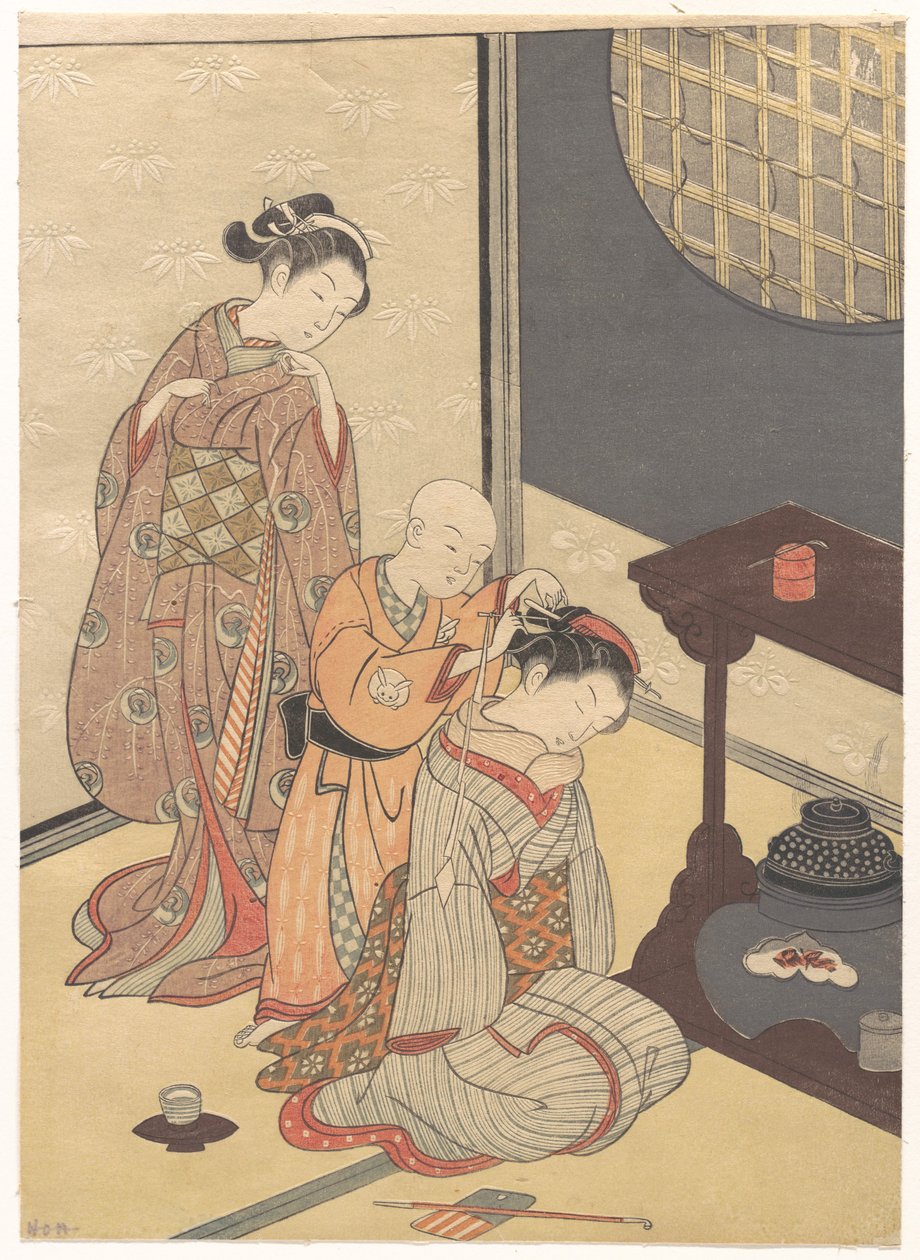 Lluvia nocturna en el puesto de doble estante, de la serie Ocho vistas de salones (Zashiki hakkei) de Suzuki Harunobu
