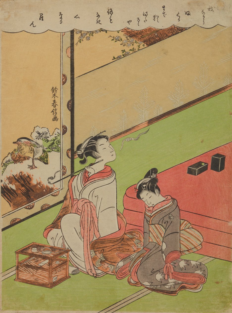 Oiran fumando una pipa y su sirvienta adormilada de Suzuki Harunobu