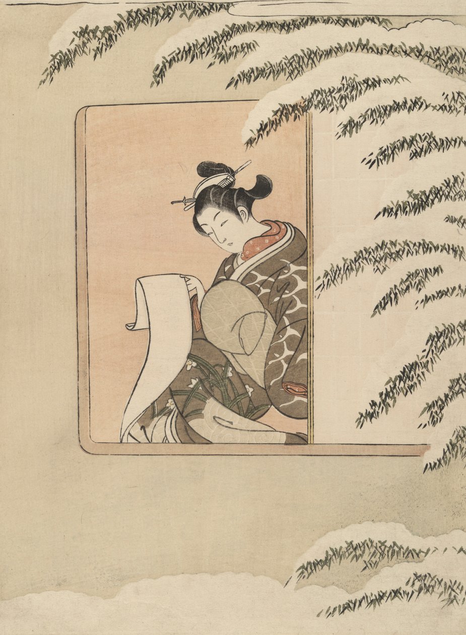 Parodia de Sun Kang, también conocido como Snow by the Window de Suzuki Harunobu