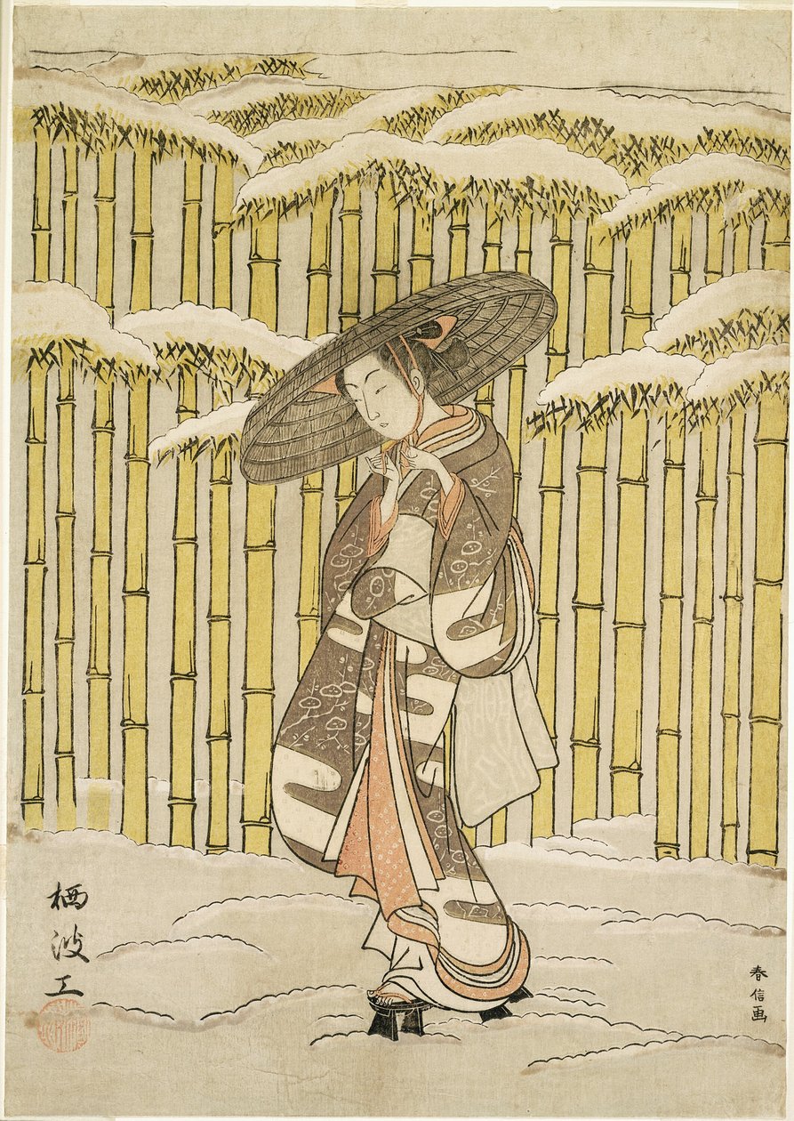 Pasando por el bosque de bambú de Suzuki Harunobu