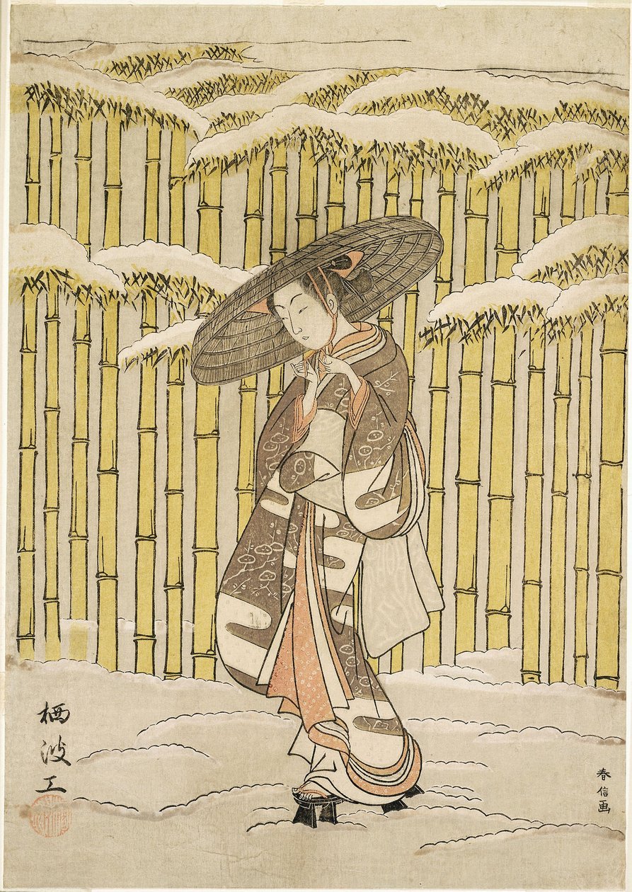 Pasando el bosque de bambúes de Suzuki Harunobu