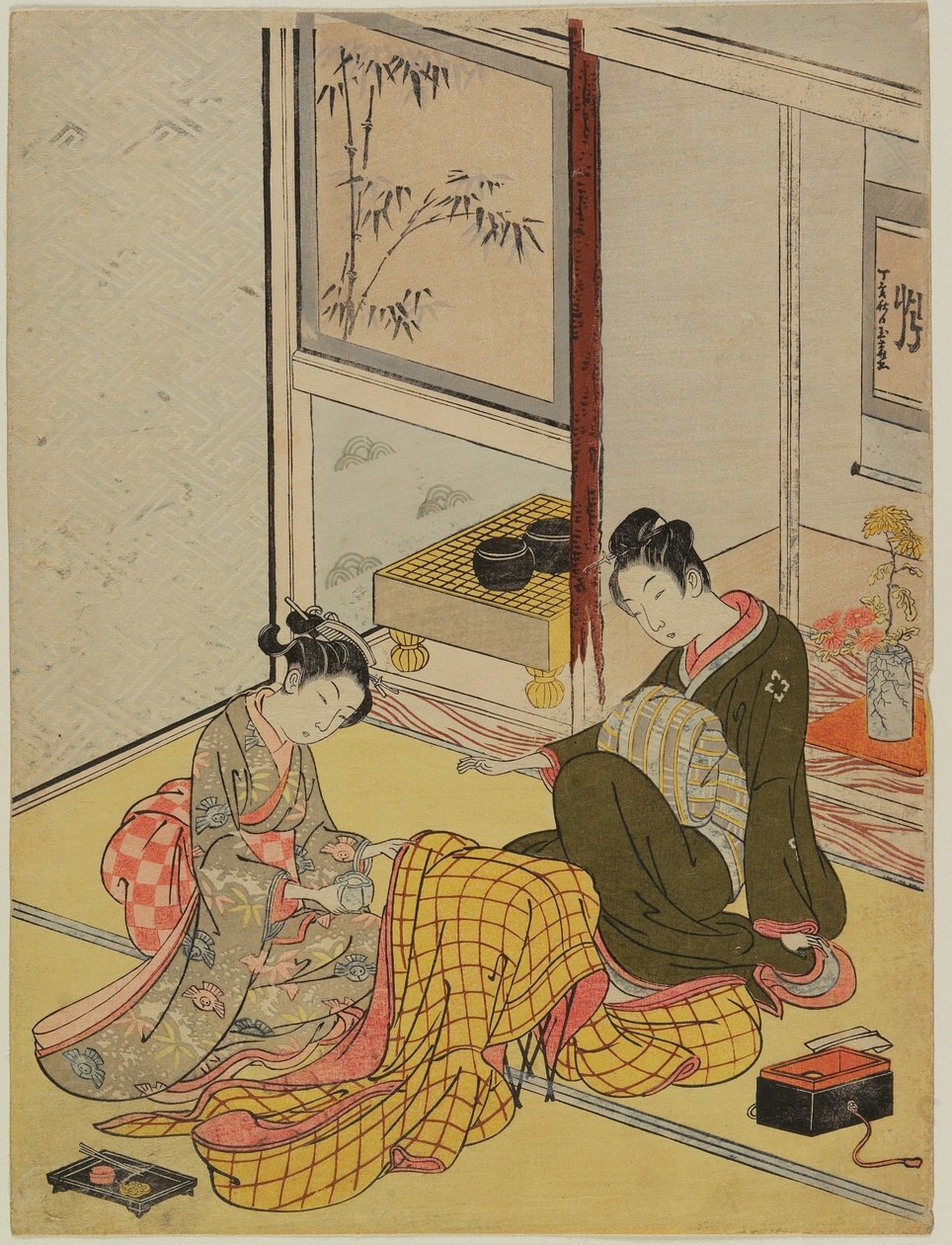 Perfumar una túnica como parodia visual de las cuatro artes de Suzuki Harunobu