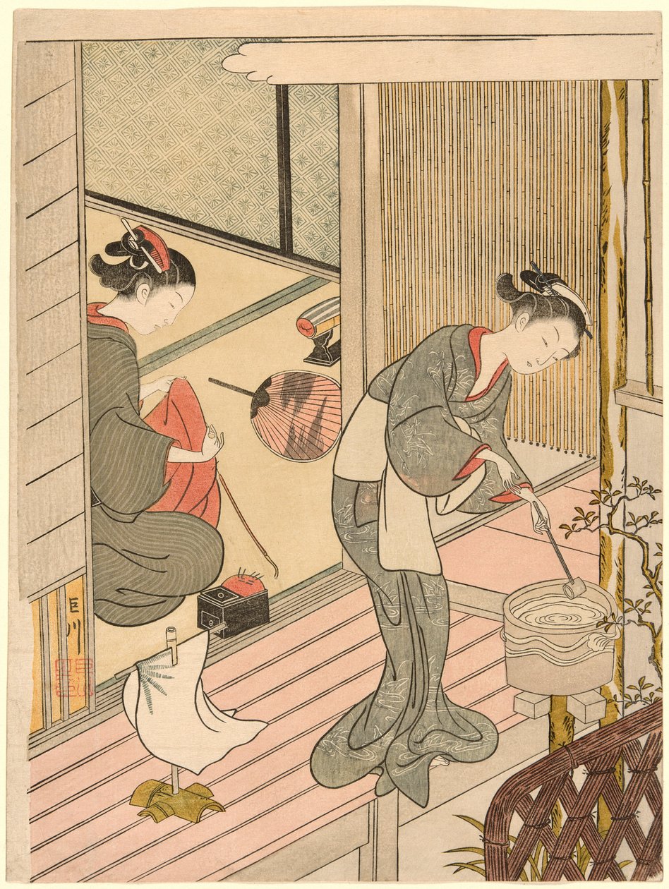 Velas que regresan del perchero (Tenugui-kake no kihan), de la serie "Ocho vistas del salón (Zashiki hakkei)" de Suzuki Harunobu
