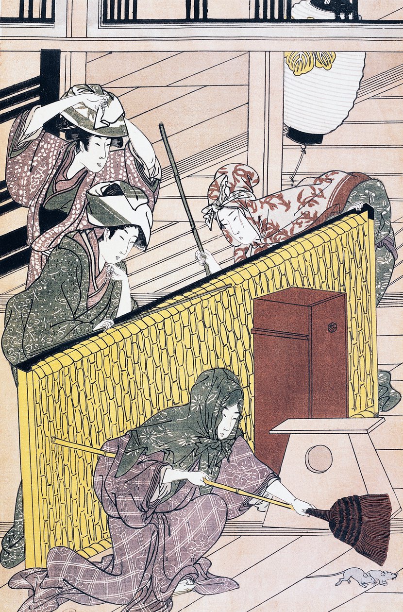 Sirviente persiguiendo ratones en la casa de Suzuki Harunobu
