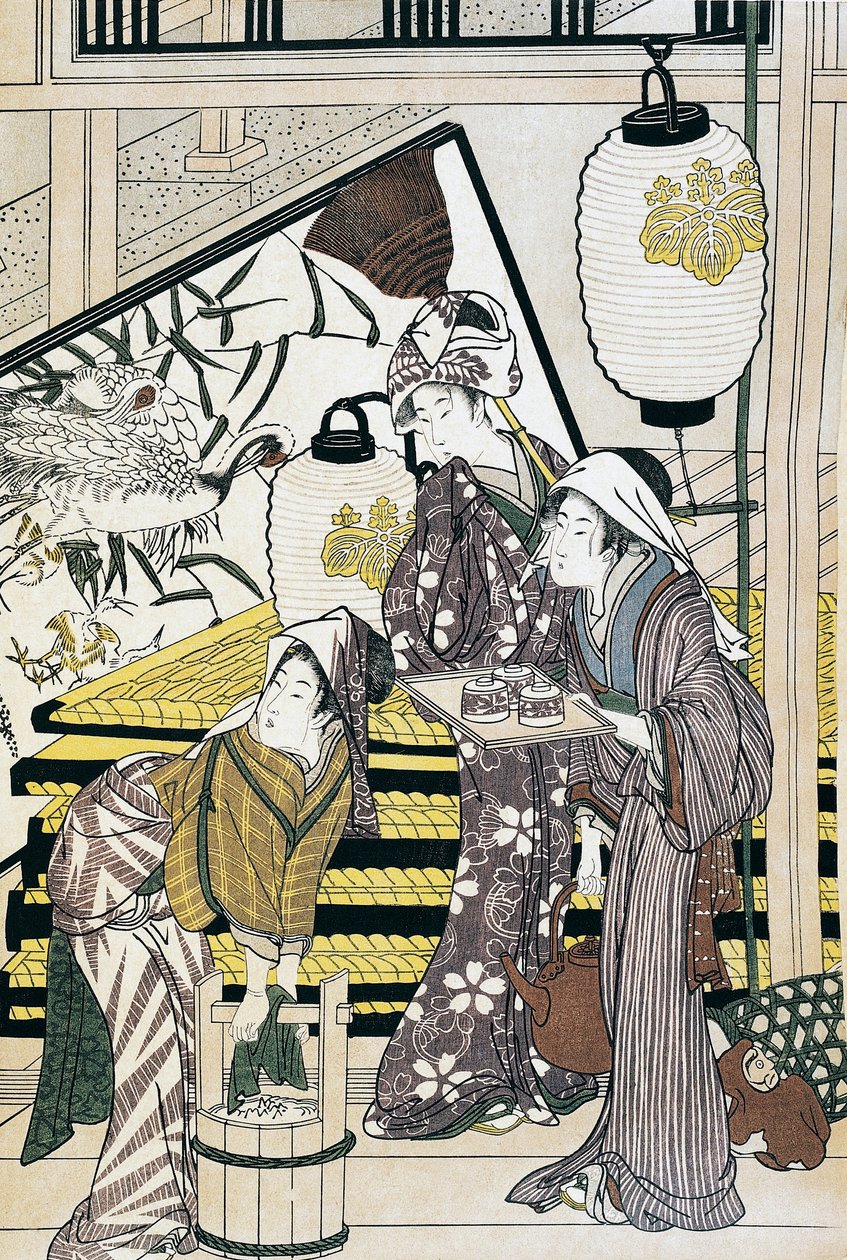 Sirvientes trabajando en casa, impresión de arte ukiyo-e por Suzuki Harunobu (1725-1770), xilografía, civilización japonesa, período Edo de Suzuki Harunobu