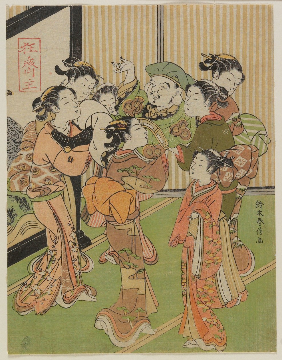 Siete mujeres lanzando a Daikoku al aire en Año Nuevo de Suzuki Harunobu