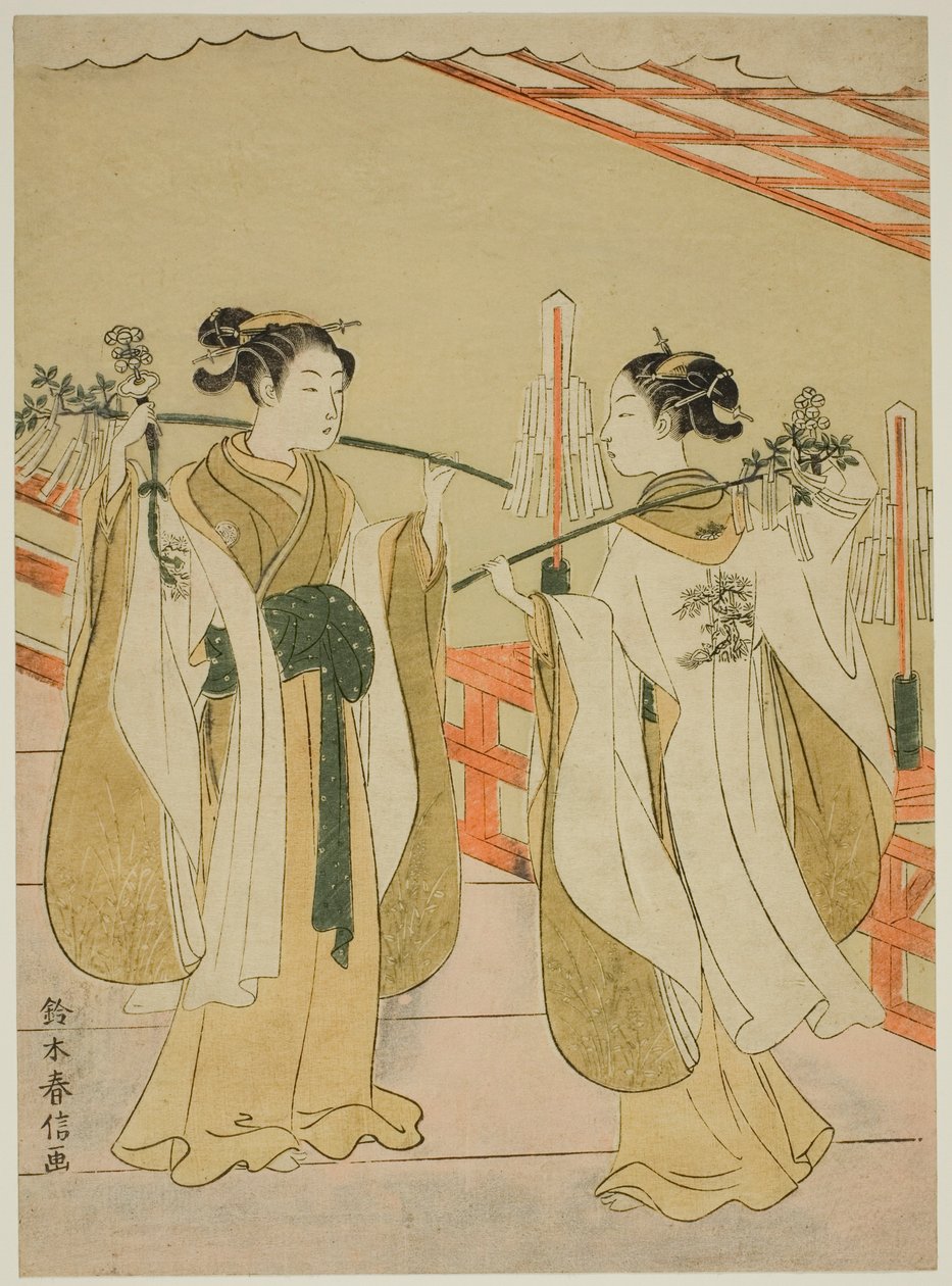 Doncellas del santuario Onami y Ohatsu bailando en el santuario Yushima Tenjin de Suzuki Harunobu