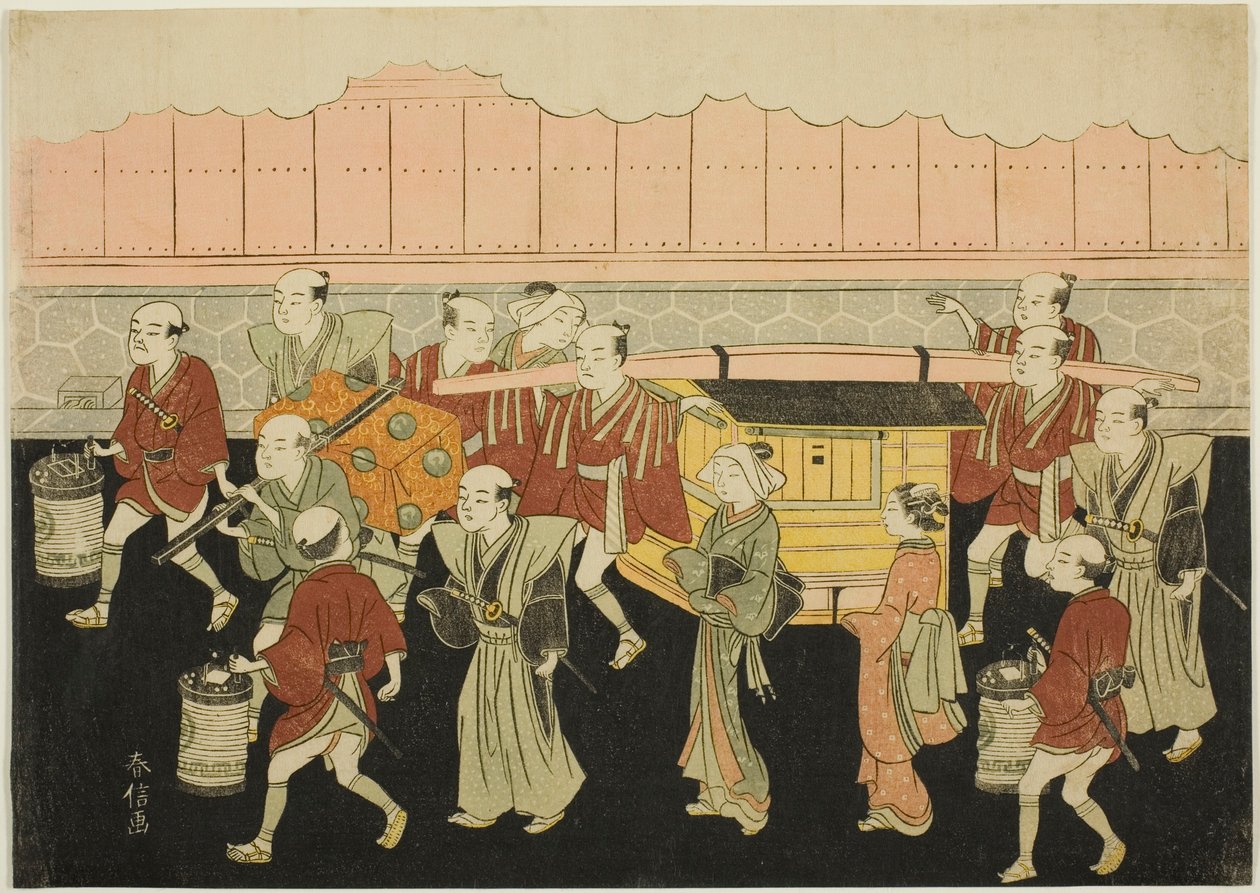 La novia cabalgando en palanquín hacia la casa de su marido (Koshi-iri), tercera lámina de la serie "El matrimonio en los grabados de brocado, el carruaje de la mujer virtuosa (Konrei nishiki misao-guruma)". de Suzuki Harunobu