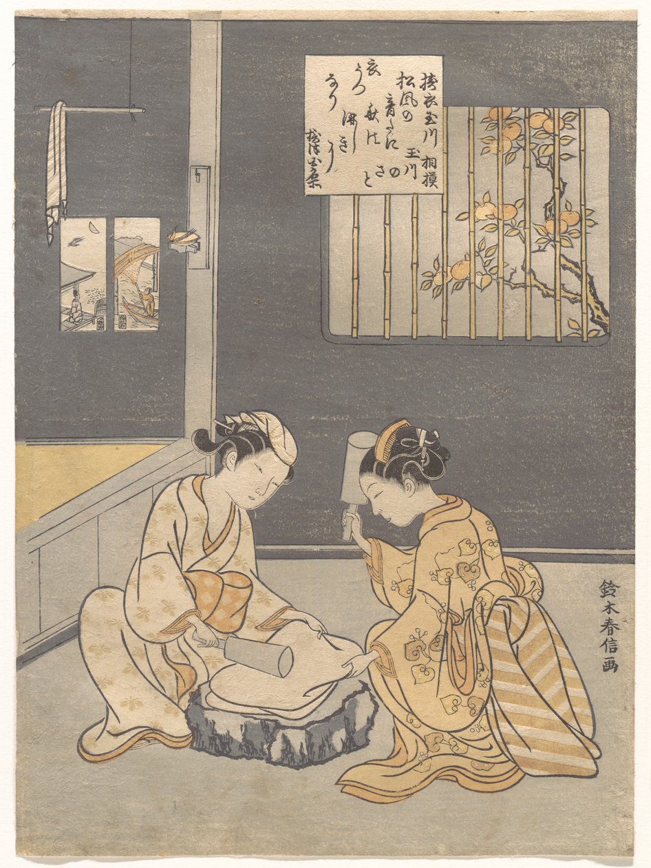 El río joya del bataneo de telas, un lugar famoso de la provincia de Settsu (Tōi no Tamagawa, Settsu no meisho), de una serie sin título de seis ríos joya (Mu Tamagawa) de Suzuki Harunobu