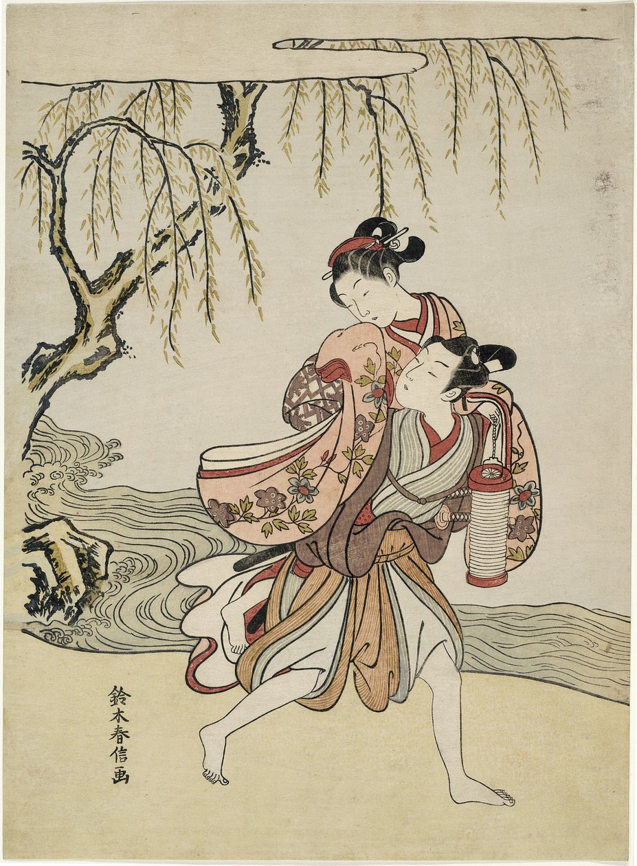 La fuga (parodia del episodio de Akutagawa de "Cuentos de Ise") de Suzuki Harunobu