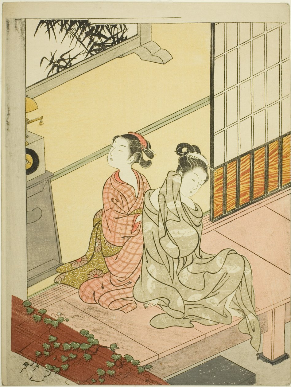 La Campana de la Tarde del Reloj (Tokei no bansho), de la serie "Ocho Vistas del Salón (Zashiki hakkei)" de Suzuki Harunobu