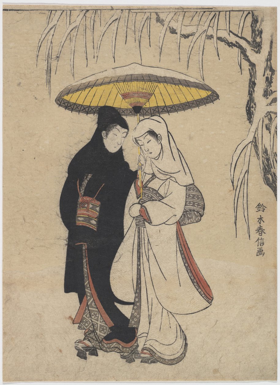 Artes orientales: Jóvenes amantes caminando juntos bajo un paraguas en una tormenta de nieve de Suzuki Harunobu