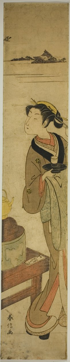 La camarera Osen de la casa de té Kagiya llevando una taza de té de Suzuki Harunobu