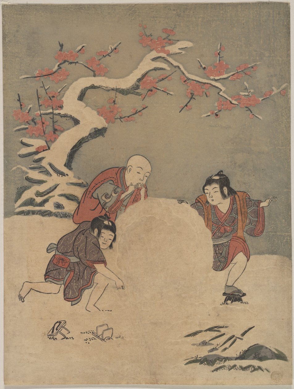 Tres niños haciendo un muñeco de nieve de Suzuki Harunobu