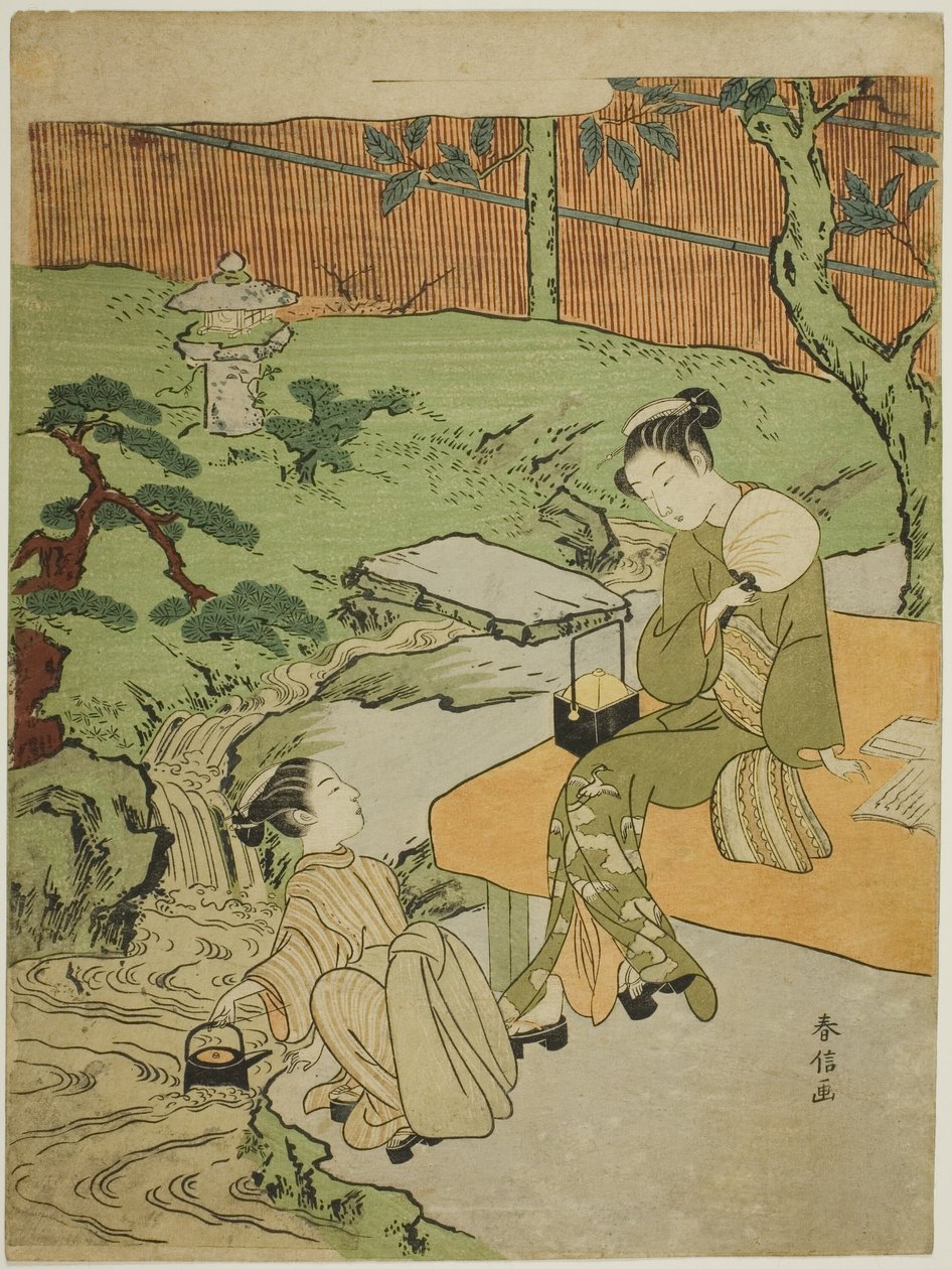 Dos Chicas Disfrutando de la Frescura de la Tarde en un Jardín de Suzuki Harunobu