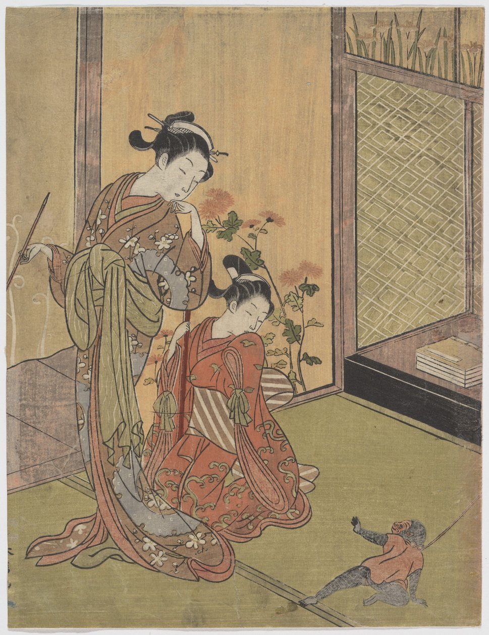Dos niñas mirando a un mono con correa de Suzuki Harunobu