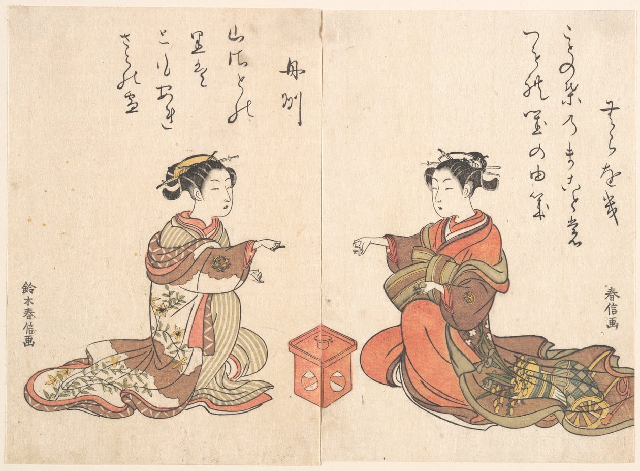 Dos niñas juegan al juego de dedos Kitsume Ken de Suzuki Harunobu