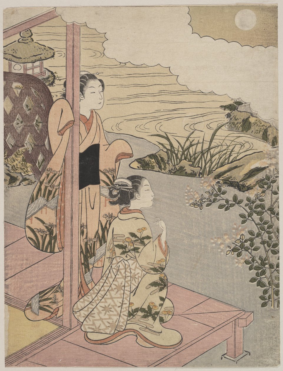 Dos muchachas en una veranda junto a un arroyo con la luna de Suzuki Harunobu