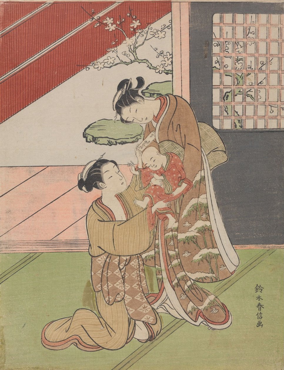 Dos mujeres con un bebé y una carta de Suzuki Harunobu
