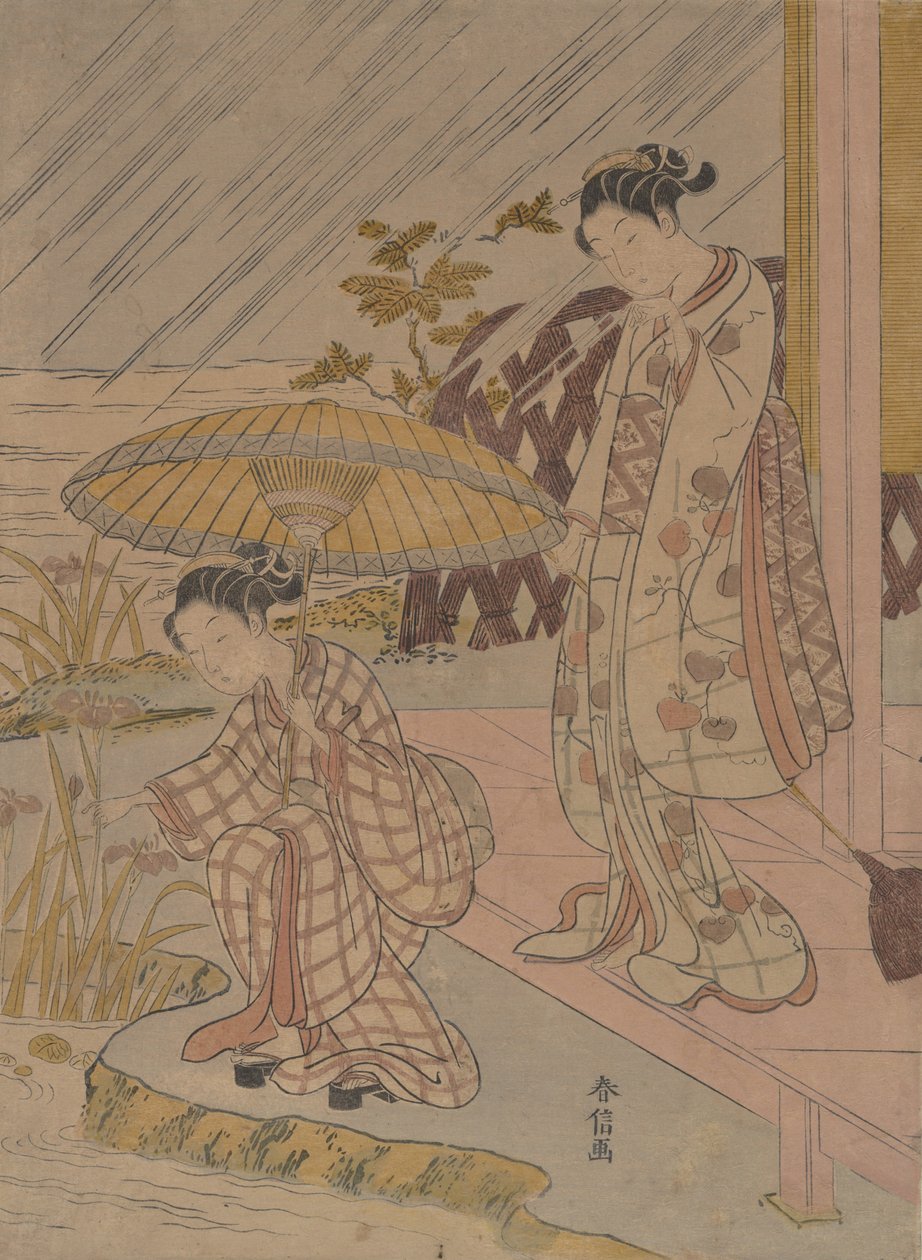 Viendo iris en la lluvia de Suzuki Harunobu